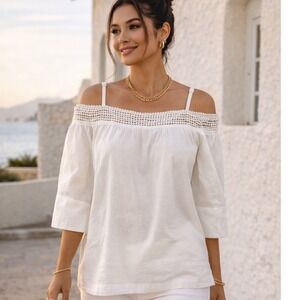 White Off Shoulder Crochet Boho Coastal Grandma Resort Cottagecore Blouse L